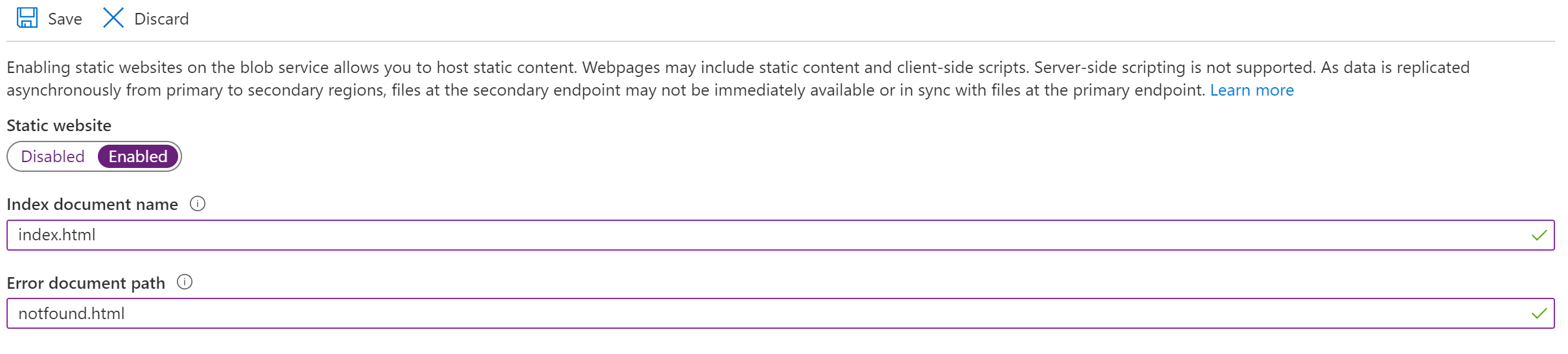 Page de configuration Static website