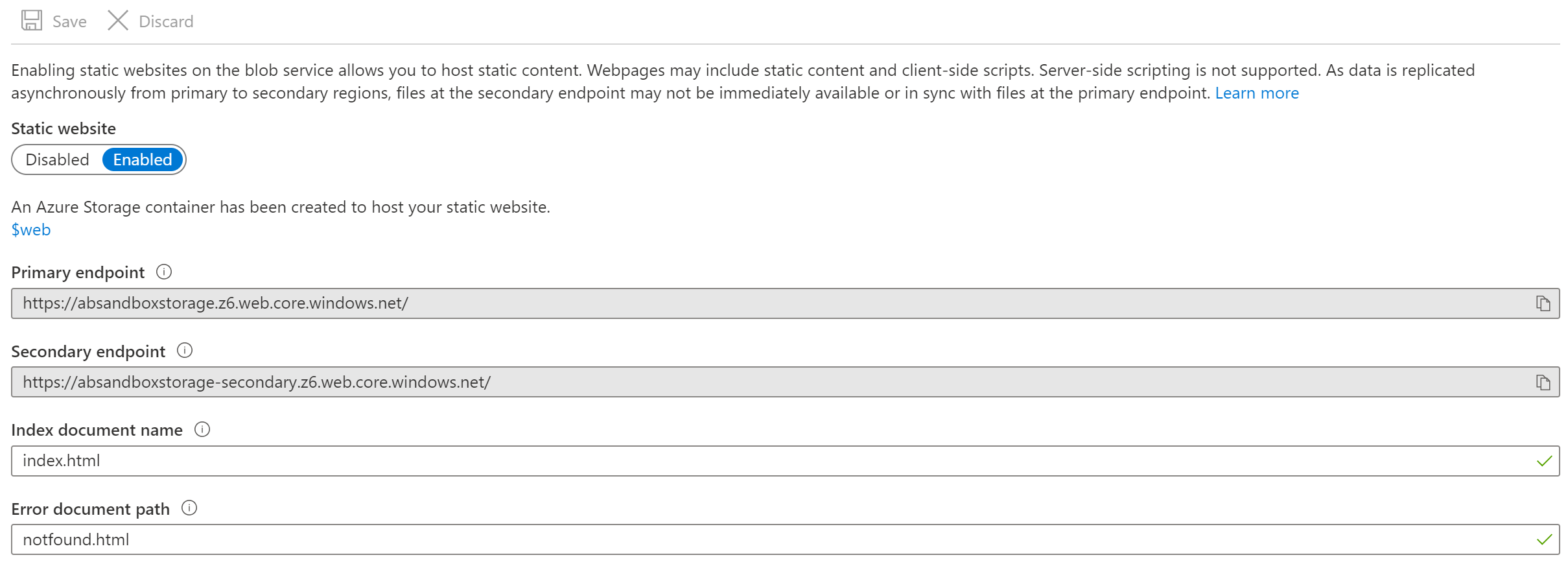 Configuration with Static Website activated